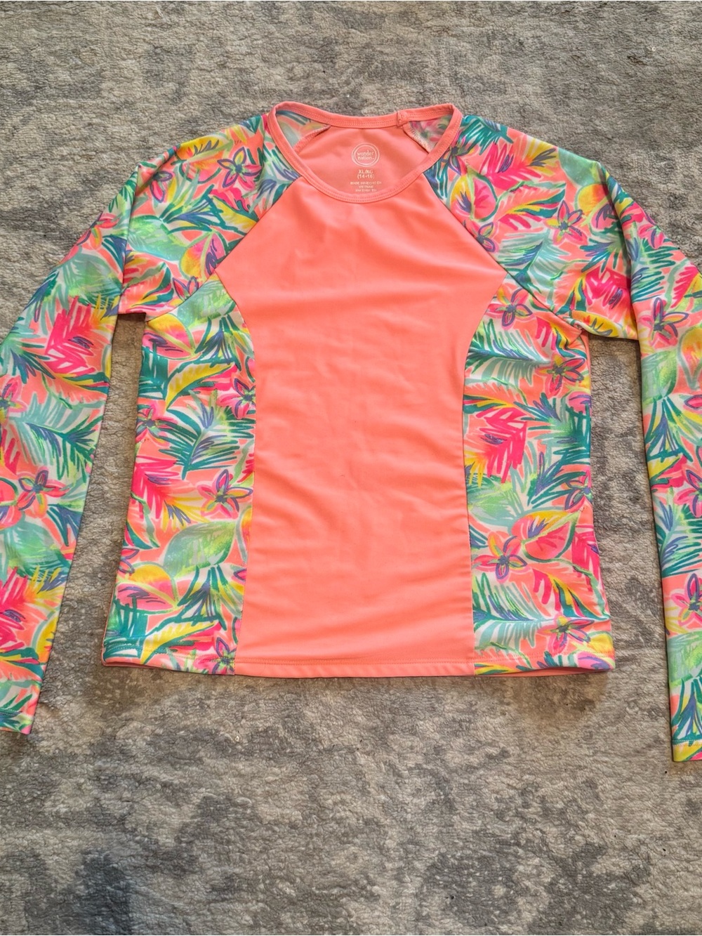 Wonder Nation Girls Rash Guard XL 14/16 Coral Pink Floral Long Sleeve Swim Shirt